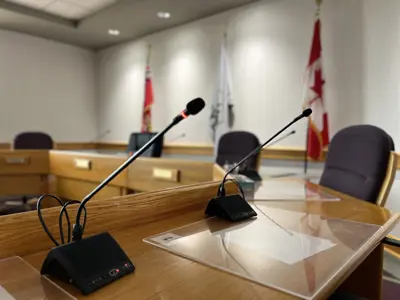 A close up of a microphone in Council Chambers